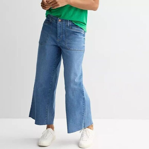 Sonoma Denim - Sonoma Wide Leg Jeans Women 14 Blue Medium Wash Patch Pockets Raw Hem UtilityNEW